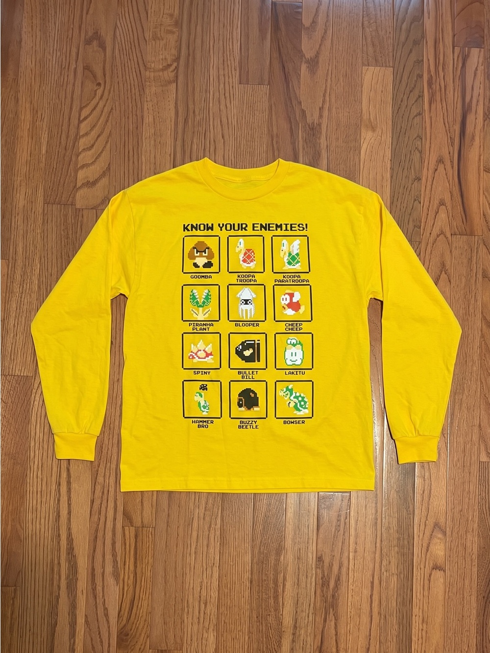 Super Mario Bros Know Your Enemies Yellow Long Sleeve Shirt Boys XL